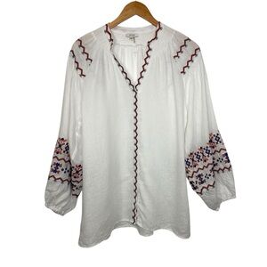TYLER BOE Womens Embroidered Linen Button Front Tunic Top Sz Small White
